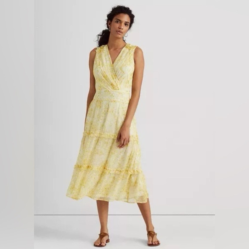 RALPH LAUREN Black Label Georgette Dress Floral Tiered Resort Midi Yellow 10